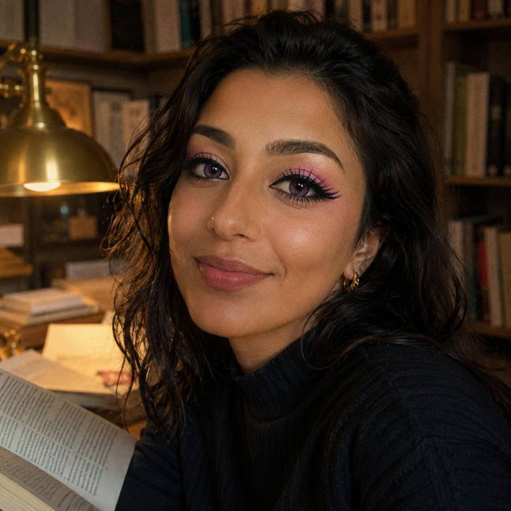 Cozy library portrait with warm lighting, bookshelves, and soft pink colored contacts paired with pink eye makeup. The lenses add a gentle pastel tone that complements the relaxed indoor setting.