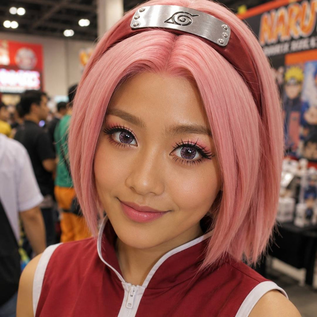Convention cosplay portrait featuring a short pink wig, character headband, and anime pink contacts. The large eyes and detailed costume styling create an authentic anime inspired character look.