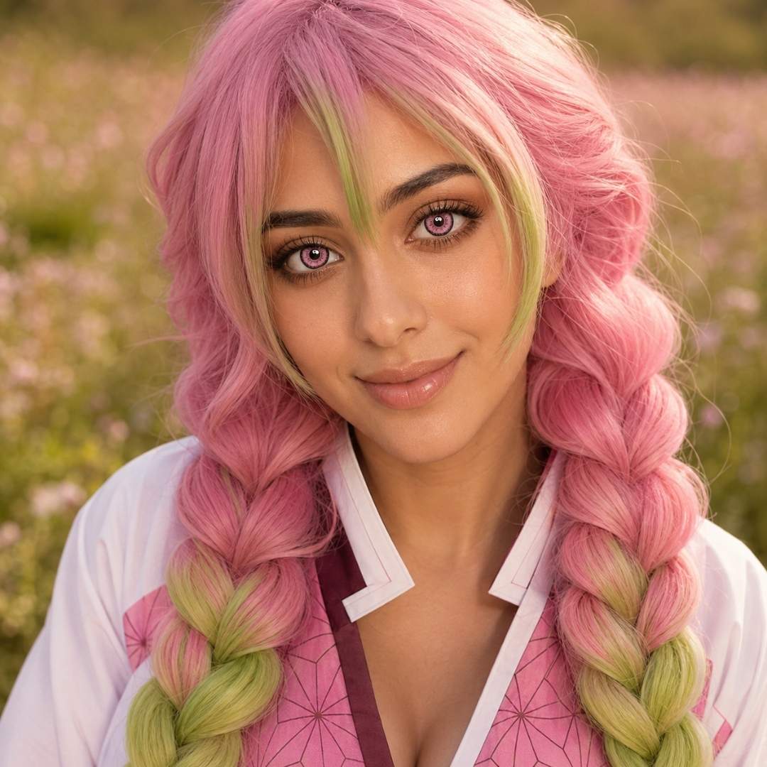 A woman with vibrant pink and green hair poses playfully in a sunlit field, surrounded by tall grass and wildflowers.