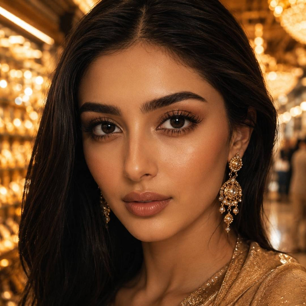 Close portrait of a woman with sleek dark hair and detailed gold earrings surrounded by warm sparkling lights. Black color lenses enhance her eyes and stand out against the golden evening backdrop.