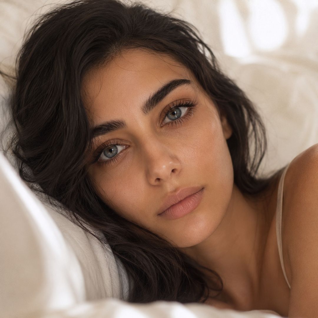 Woman beautiful gray eyes lying on a white pillow with a soft focus background