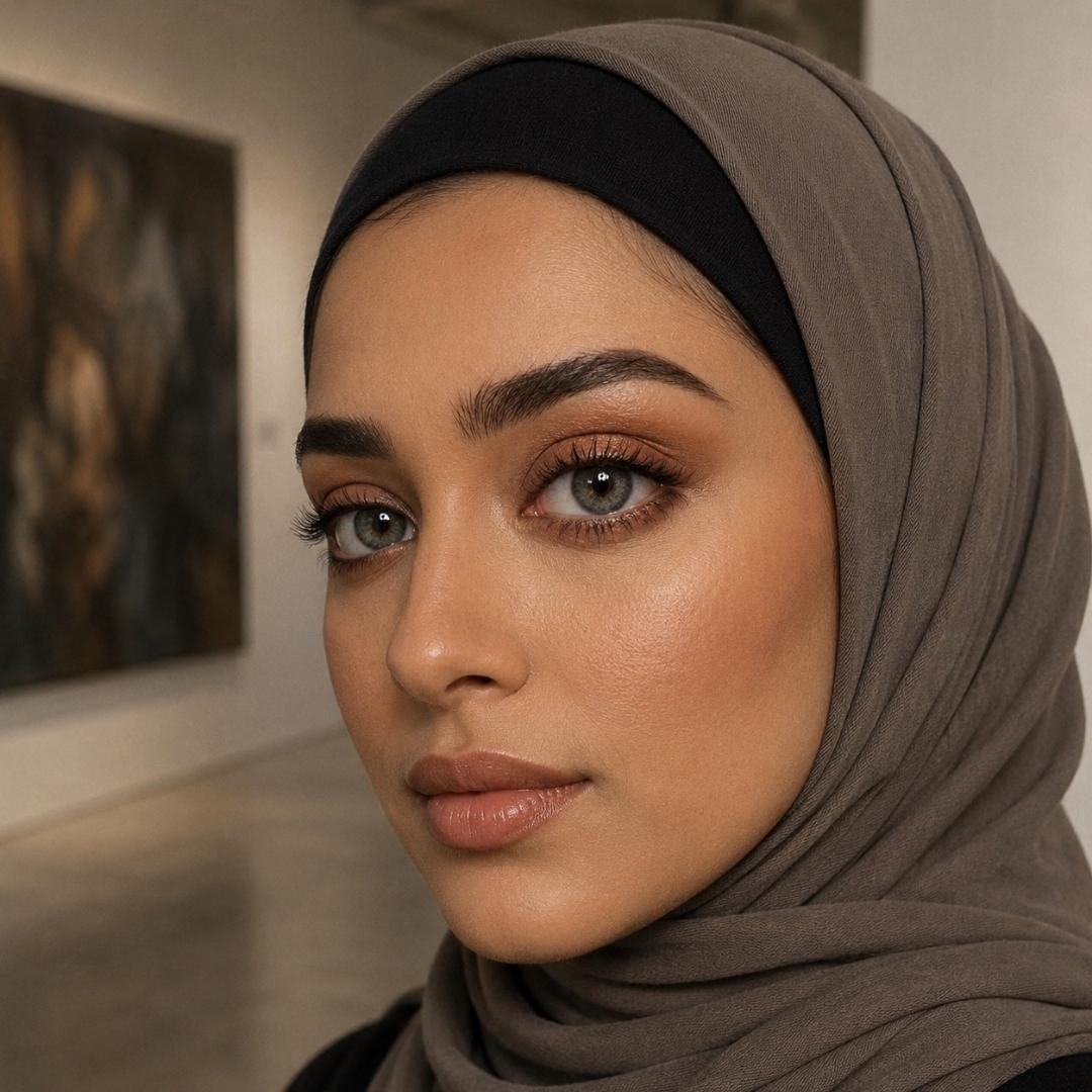 Woman wearing a brown hijab and gray eyewith a blurred indoor background