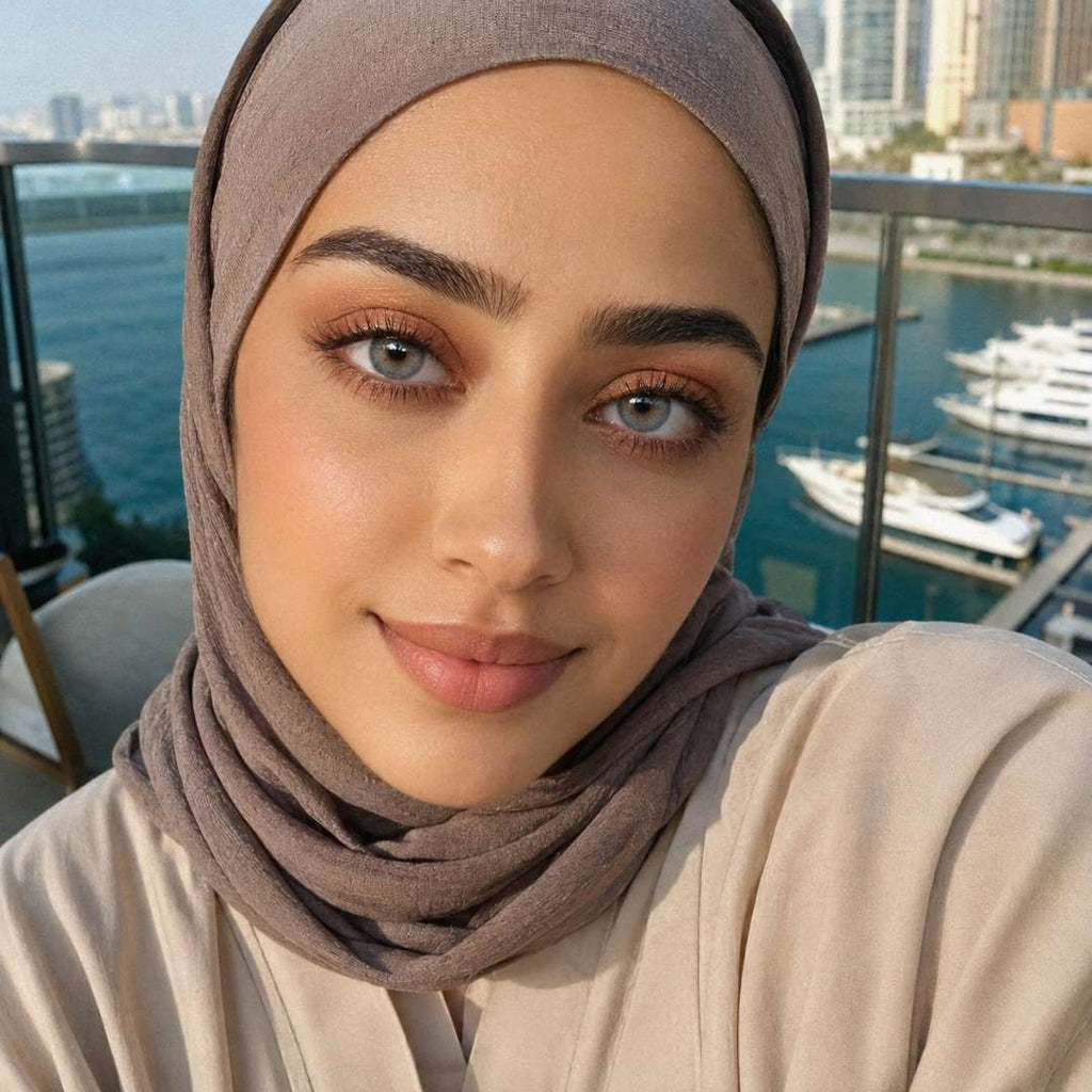 Woman wearing a hijab and beautiful gray eyes with a waterfront view in the background