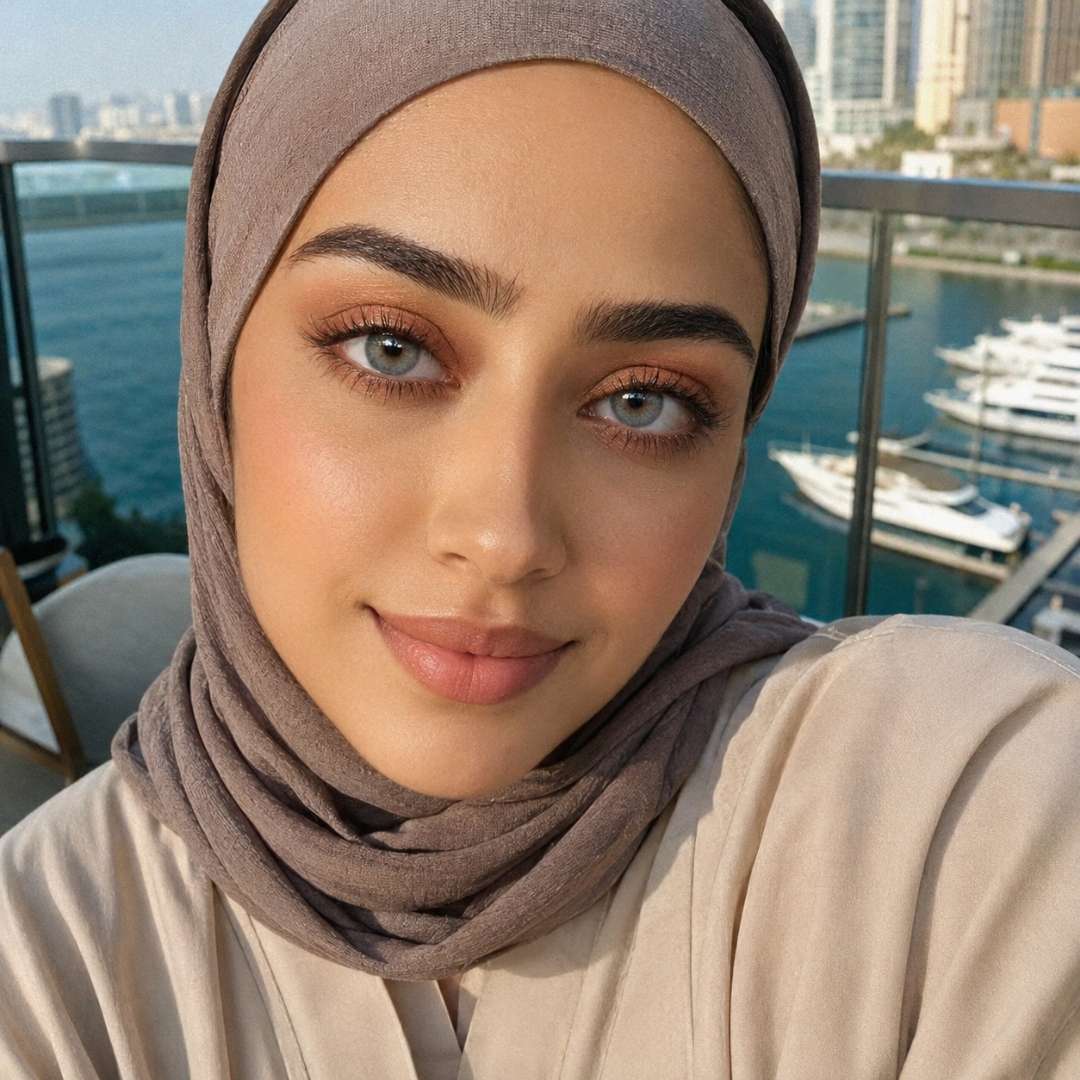 Woman wearing a hijab and beautiful gray eyes with a waterfront view in the background