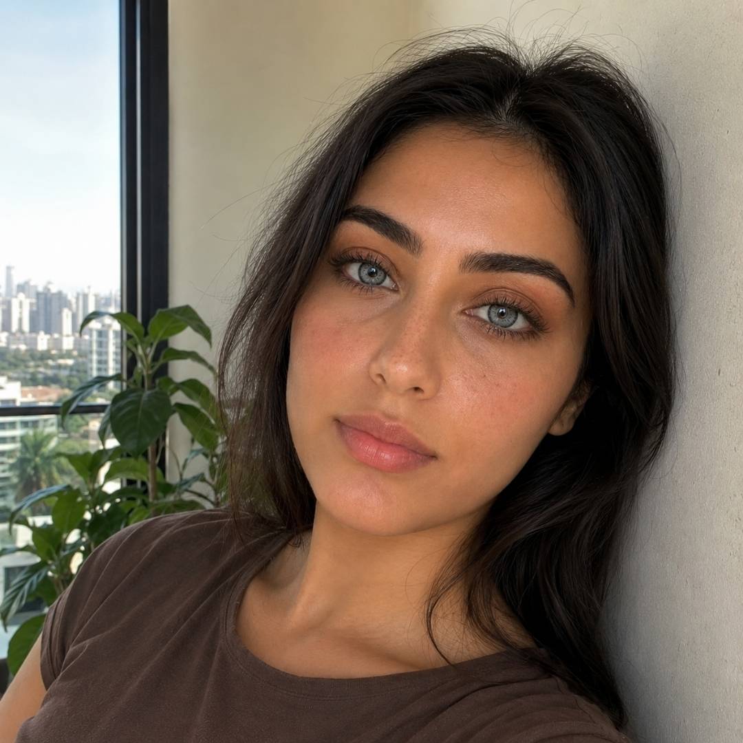 Woman with dark hair and blue gray eyes leaning against a wall with a cityscape view.