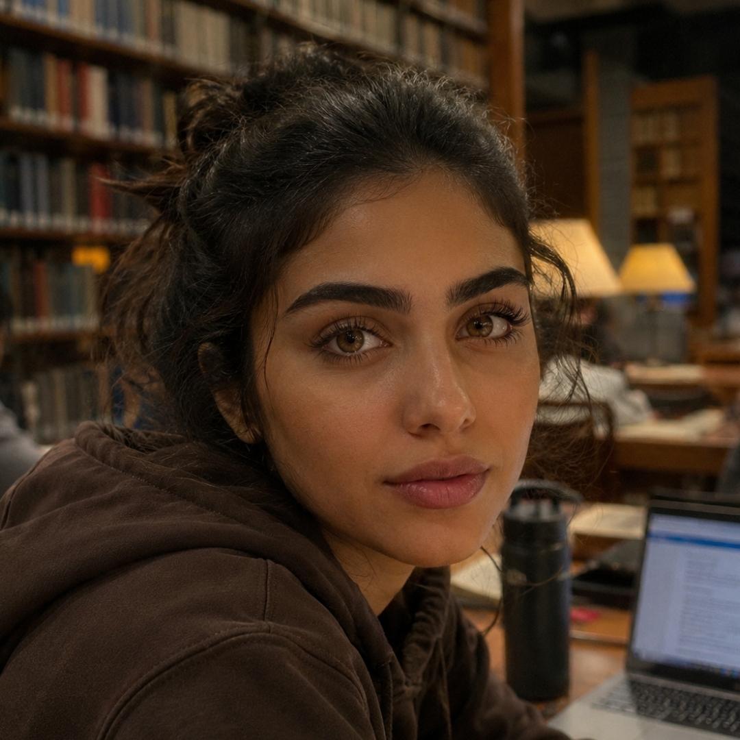 Casual portrait of a woman in a dark hoodie seated in a library or study space with bookshelves and a laptop blurred behind her. Her warm brown eyes and direct gaze create a focused and relaxed atmosphere.