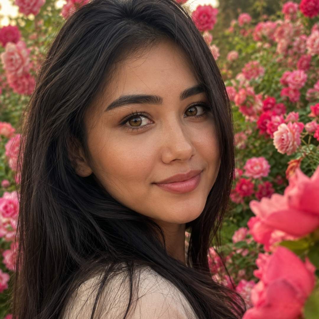 Romantic garden portrait featuring natural looking brown contact lenses and soft beauty look