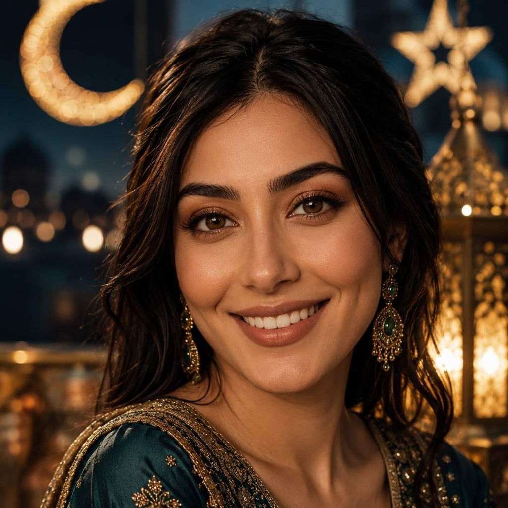 A smiling woman in a dark green embroidered traditional gown showcasing natural brown color contact lenses, with a crescent moon and festive lanterns bokeh background.