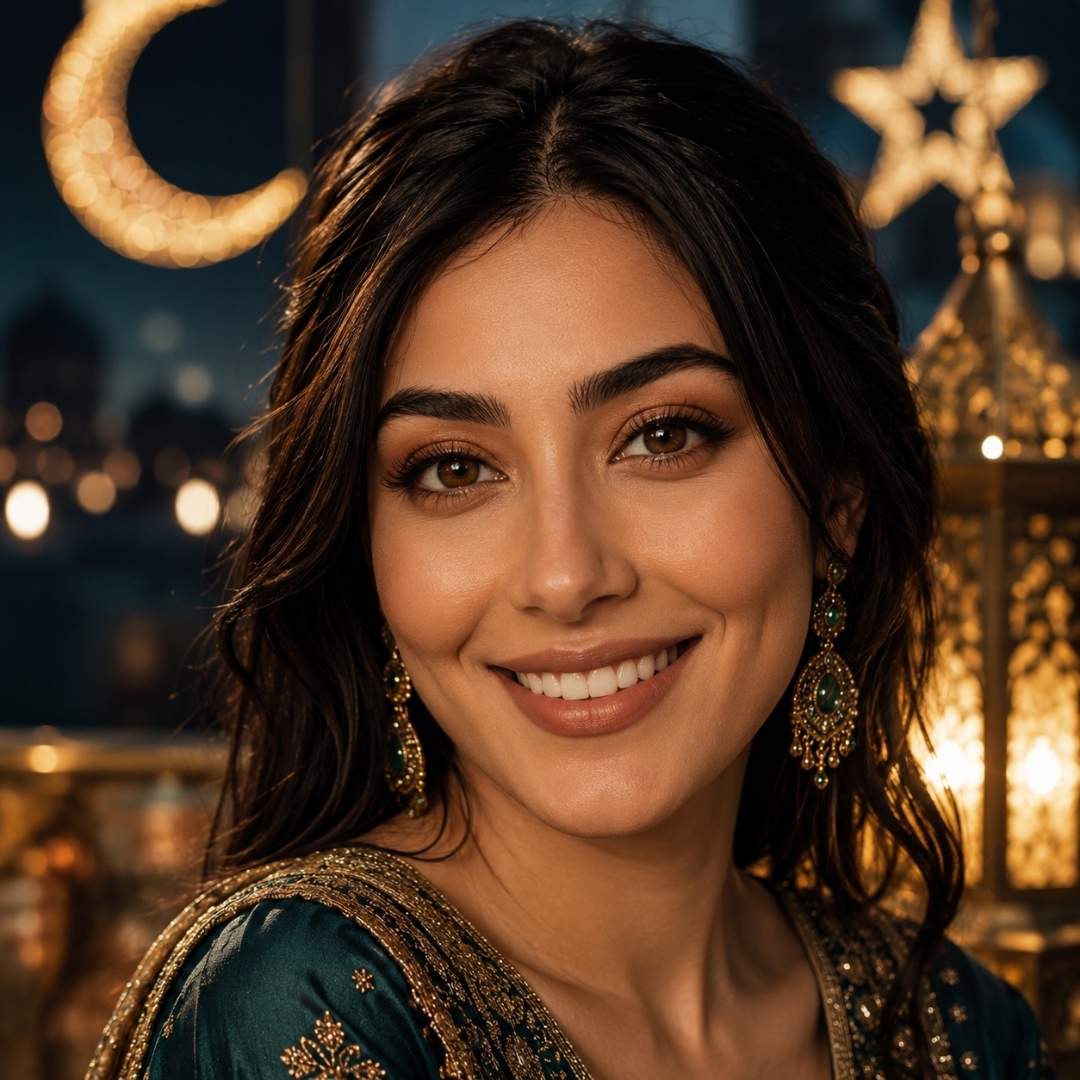 A smiling woman in a dark green embroidered traditional gown showcasing natural brown color contact lenses, with a crescent moon and festive lanterns bokeh background.