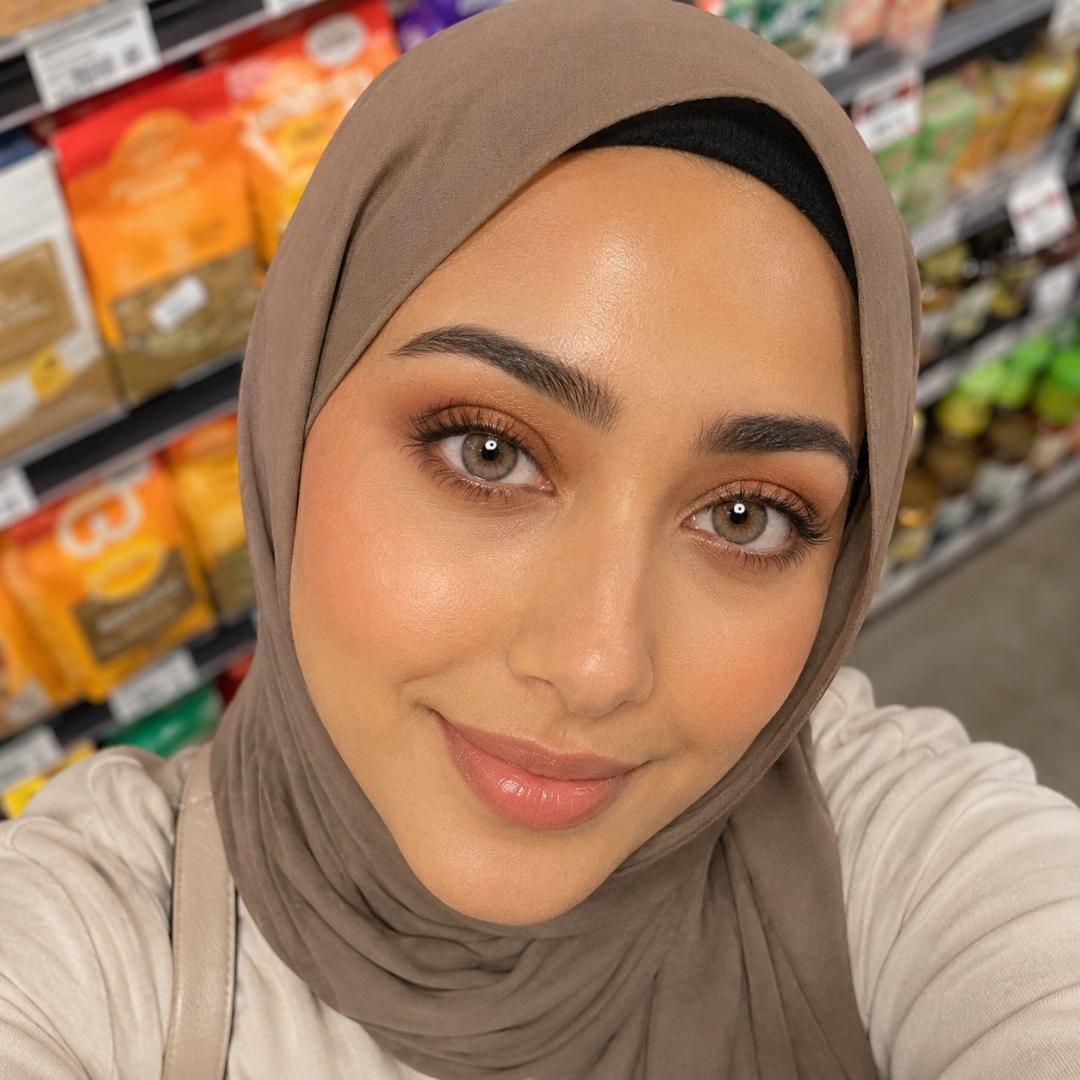 Close up selfie of a woman wearing natural looking brown colored contact lenses and a taupe hijab while shopping in a grocery store aisle. Shelves filled with colorful packaged food products are softly blurred behind her.