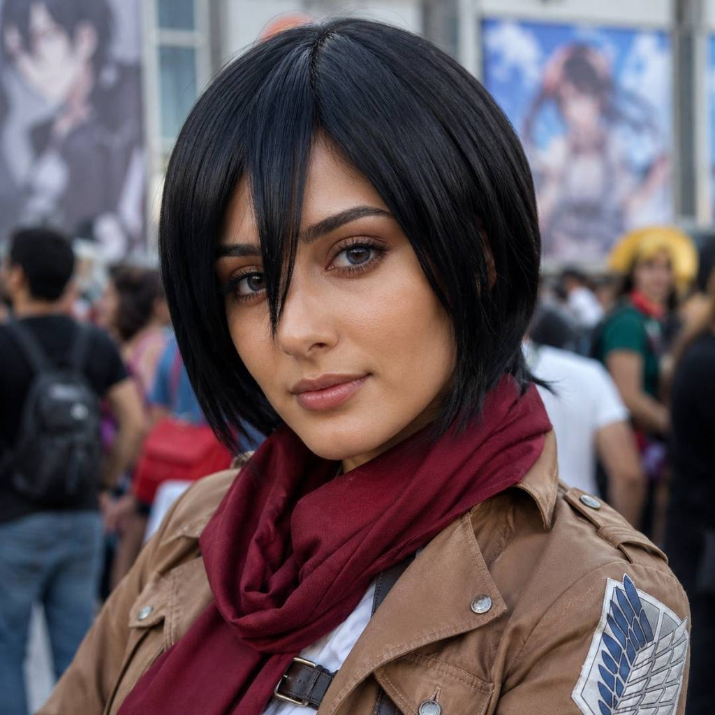 Natural dark blue colored lenses in short black hair cosplay portrait at convention aot mikasa
