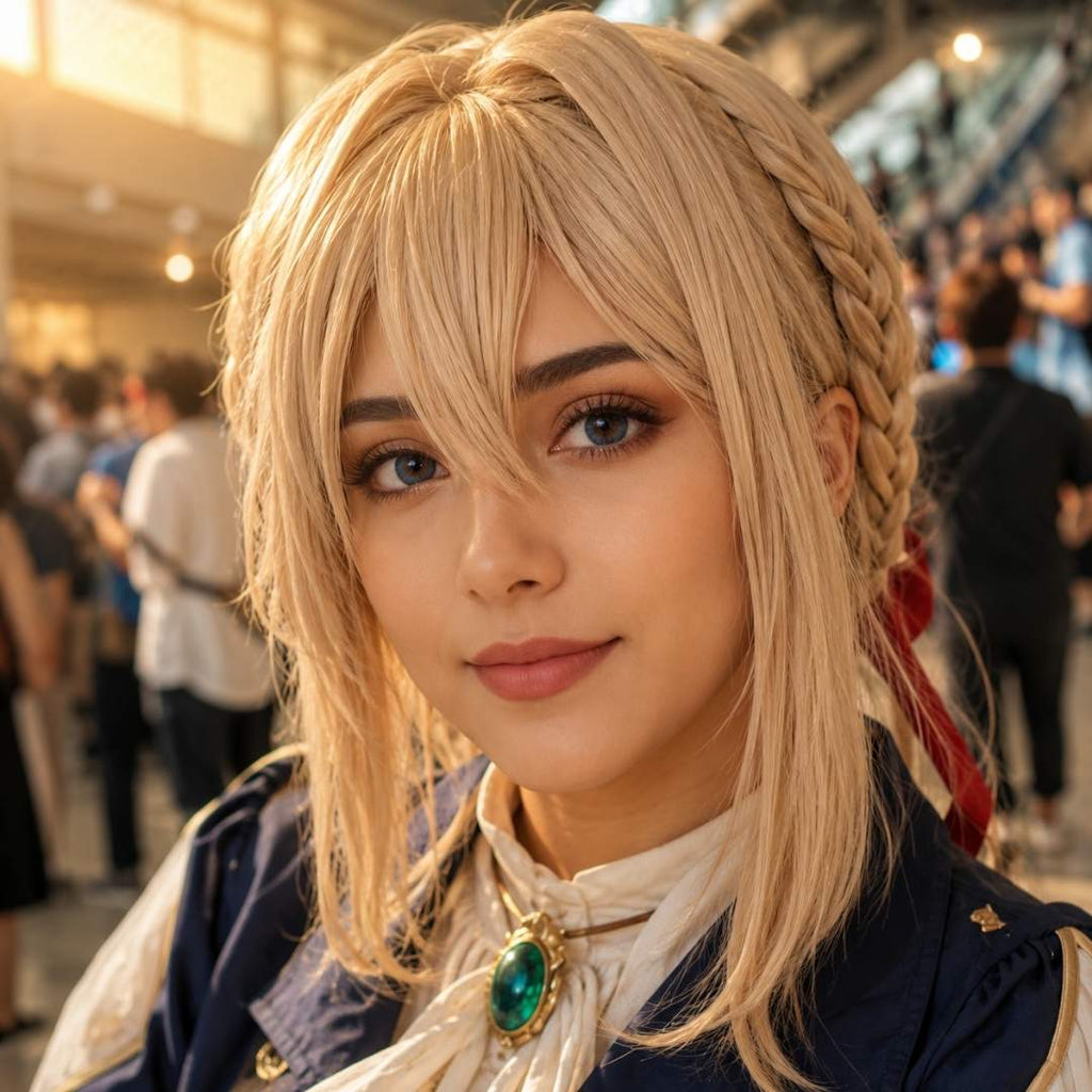 Natural dark blue colored contact lenses with blonde cosplay hairstyle and costume