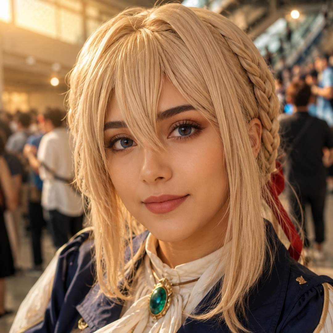 Natural dark blue colored contact lenses with blonde cosplay hairstyle and costume
