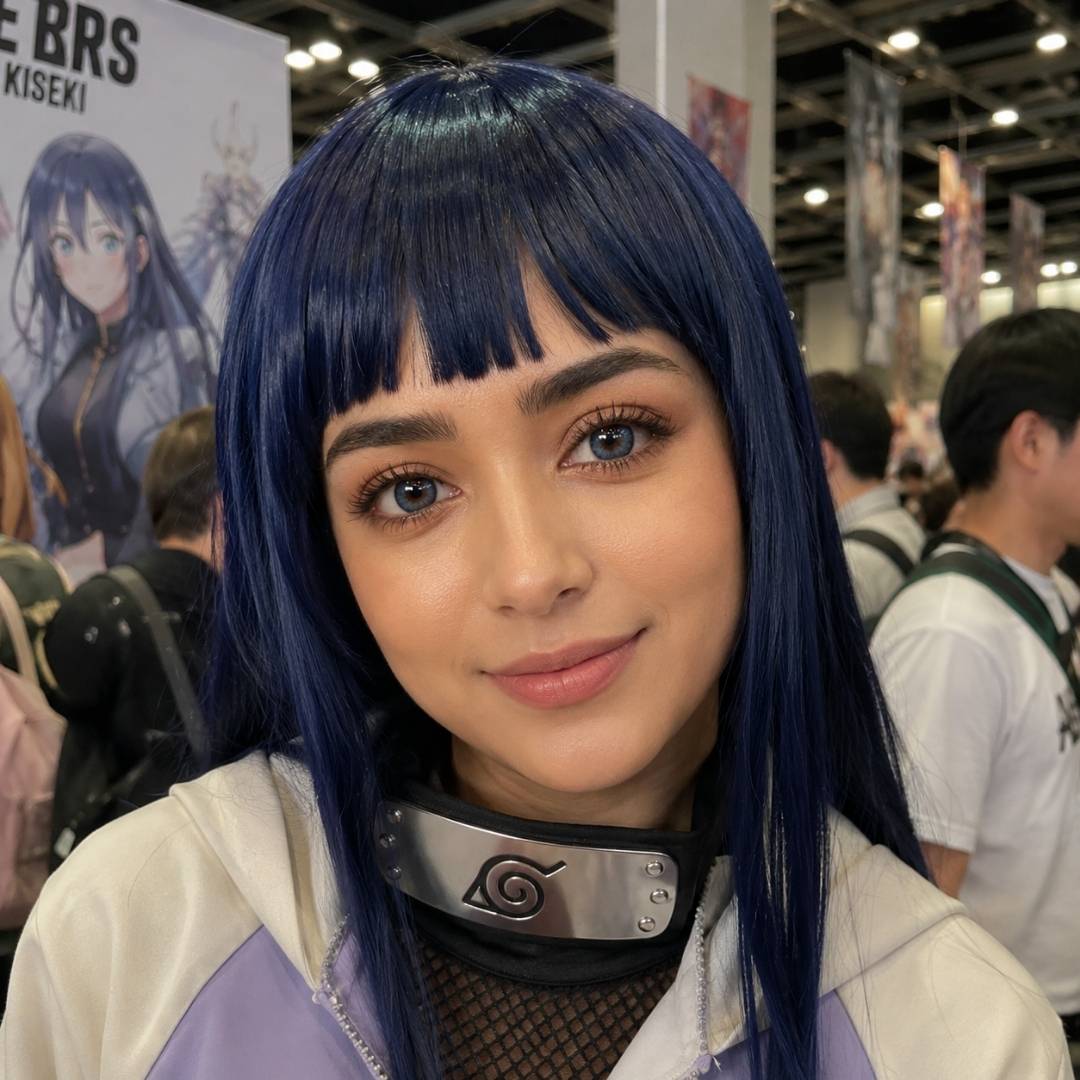 Natural dark blue colored contact lenses enhancing blue wig cosplay character look