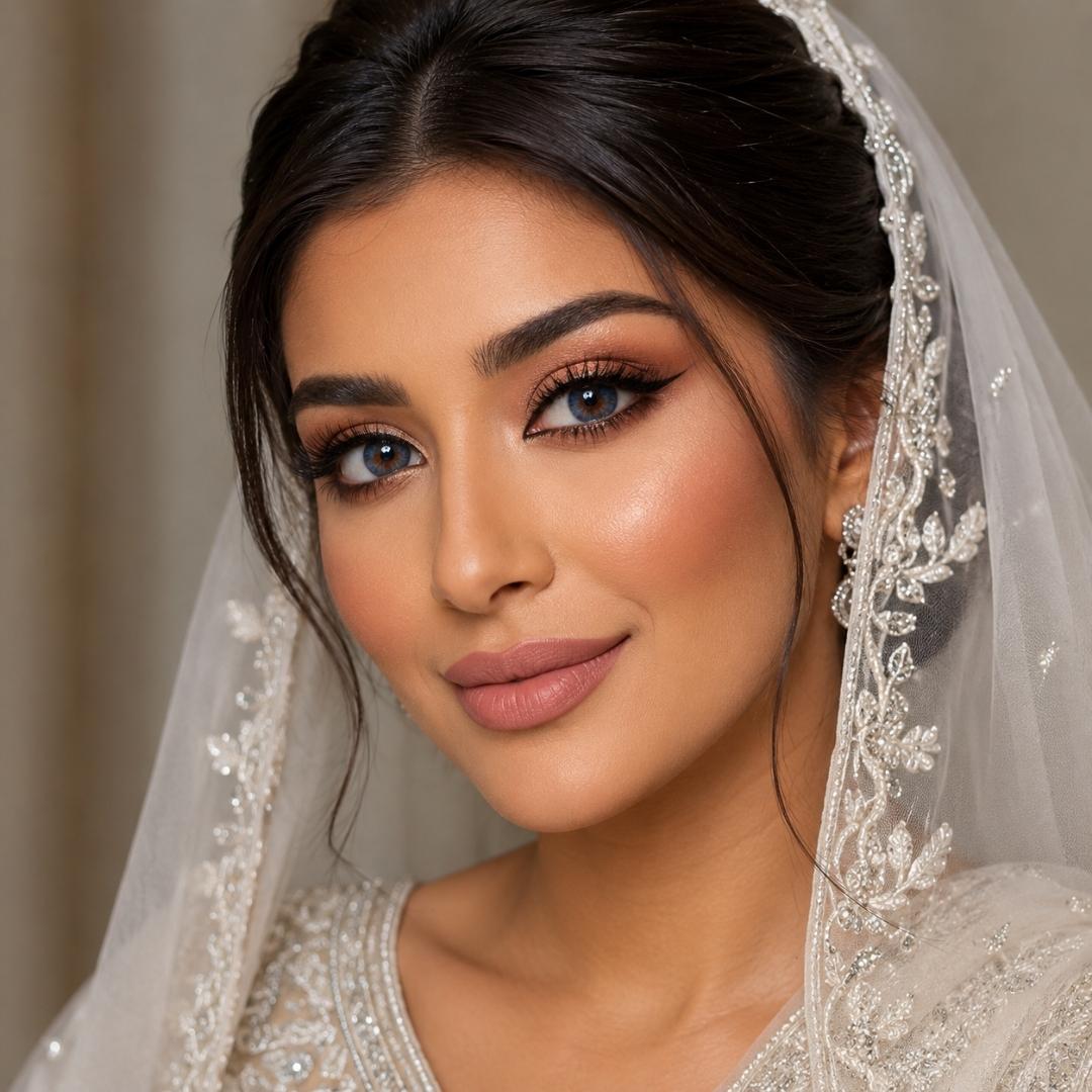 Natural dark blue colored contact lenses on bridal makeup look with elegant lace veil