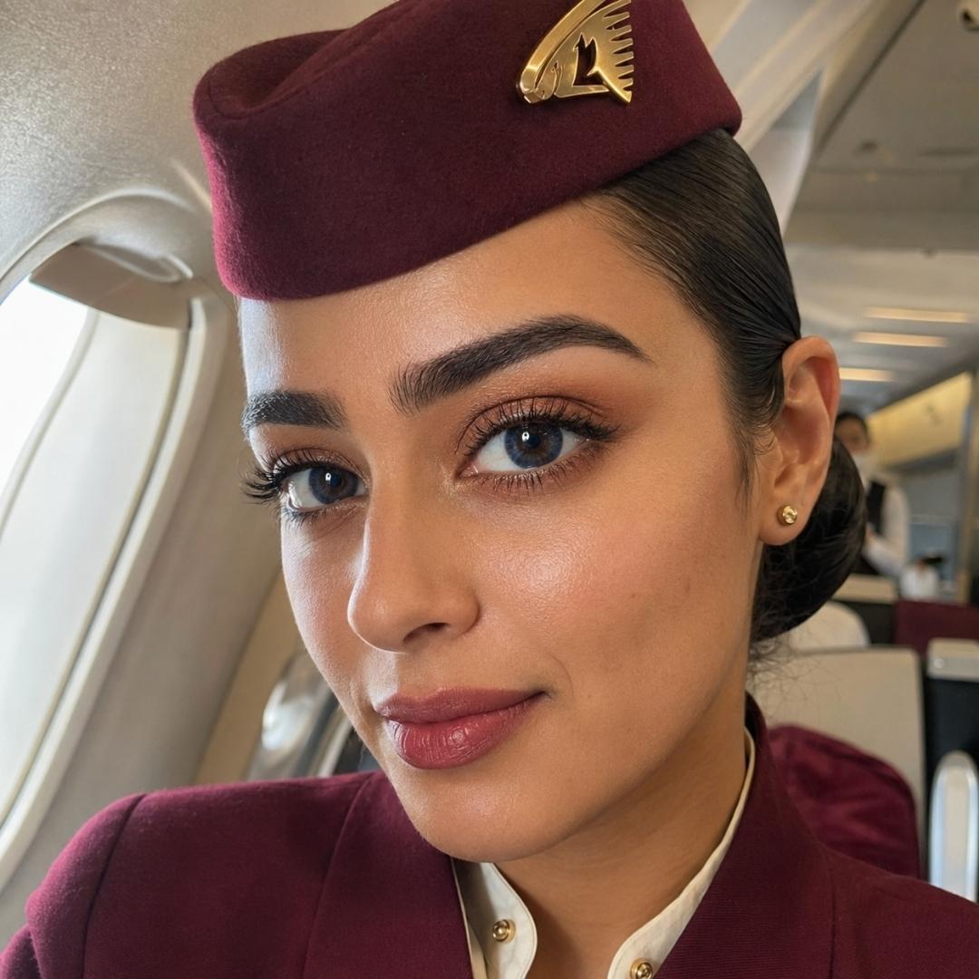 Natural dark blue colored lenses worn by cabin crew member in luxury airline uniform