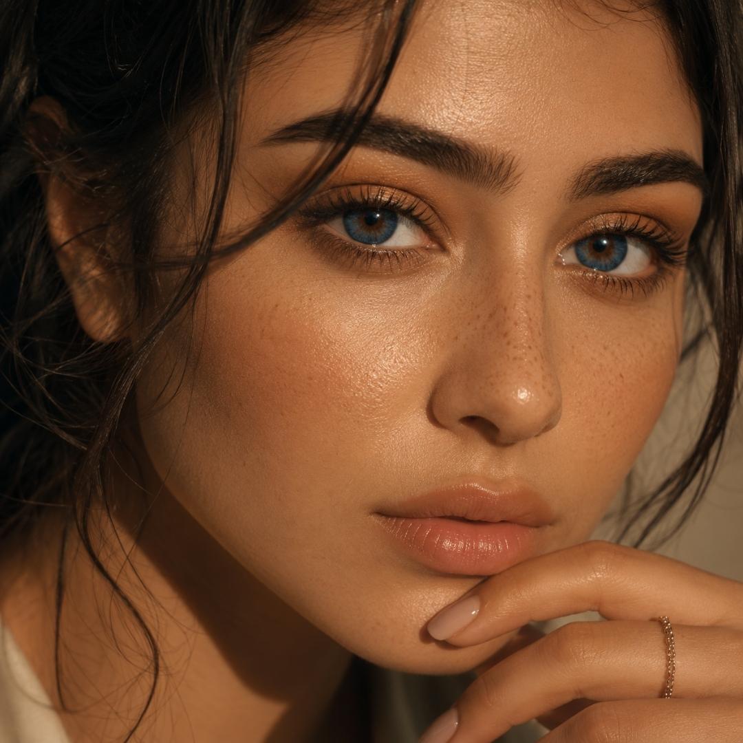 Natural dark blue colored lenses in close up beauty portrait with soft warm lighting