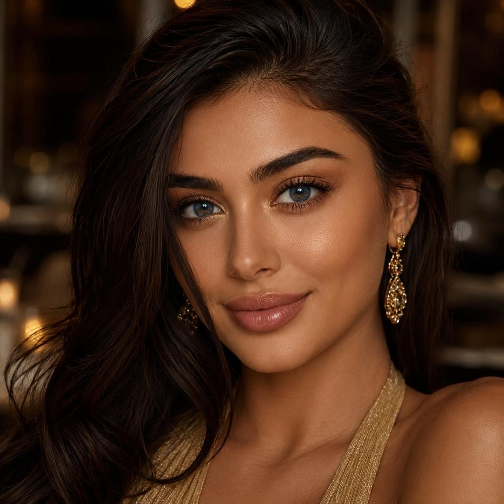 Natural dark blue colored contact lenses enhancing elegant evening makeup and gold jewelry