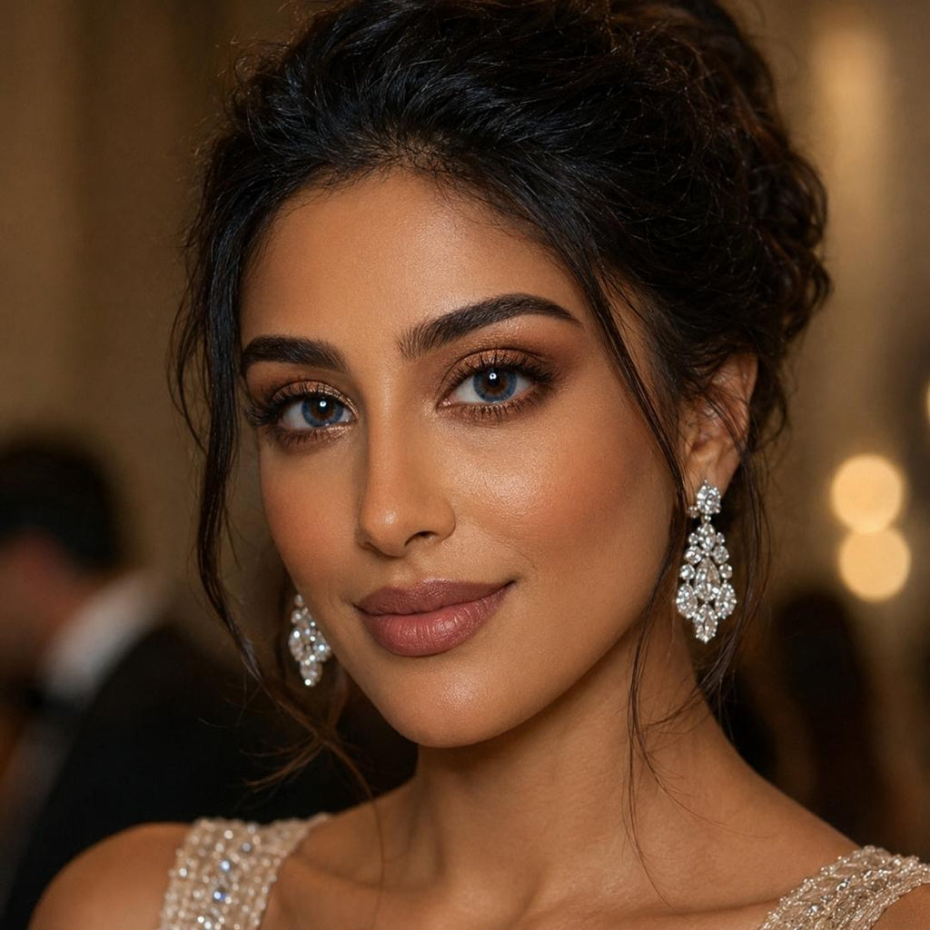 Natural dark blue colored contact lenses with glamorous updo hairstyle and crystal earrings