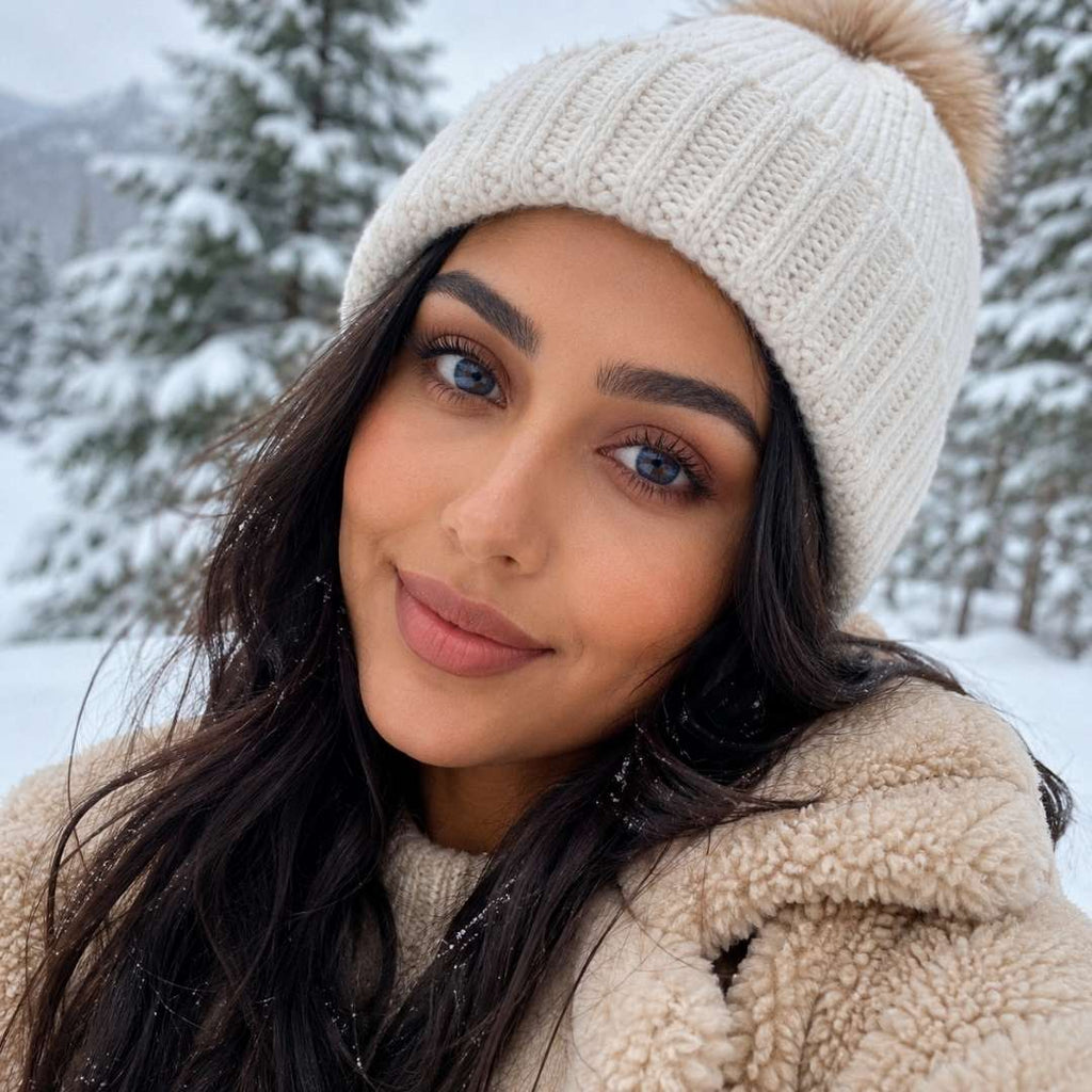 Natural dark blue colored lenses featured in cozy winter outfit with knitted beanie