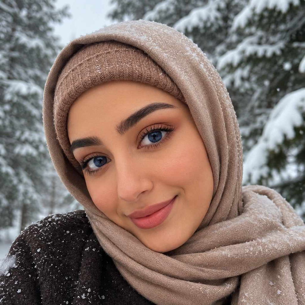Natural dark blue colored contact lenses in snowy winter portrait with beige hijab