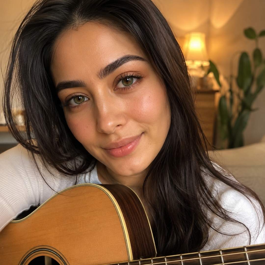 Woman holding a guitar in a cozy indoor setting Natural green colored lenses enhancing eyes in elegant indoor portrait