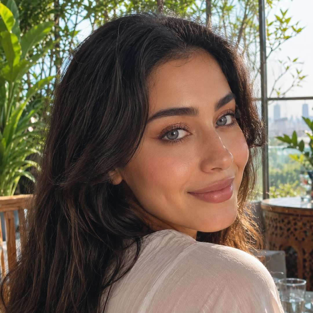 A woman with long hair and coco gray contact lenses sits thoughtfully at a table, surrounded by a cozy atmosphere.