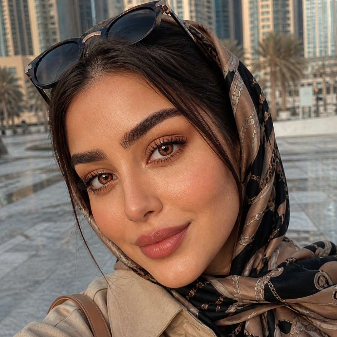 Woman wearing a patterned scarf and sunglasses on her head poses outdoors with tall buildings and palm trees softly visible in the background. Her vibrant brown contacts and soft smile give the portrait a fashionable city feel.