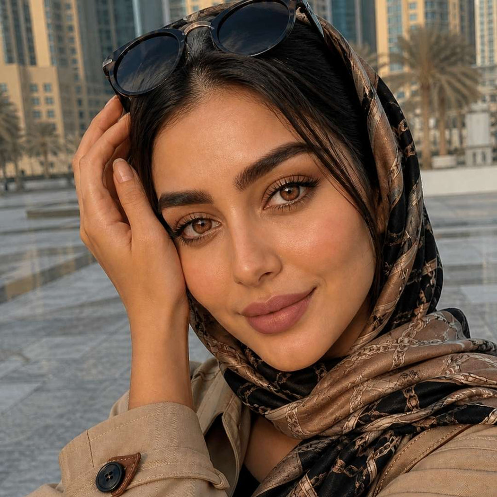 Woman wearing a patterned headscarf with sunglasses on her head, standing in an urban setting.