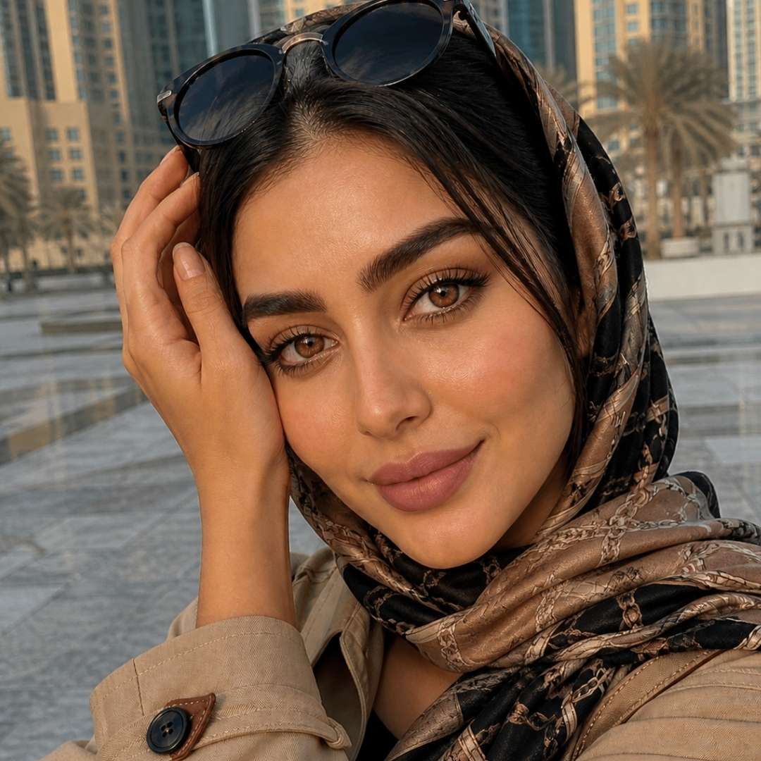 Woman wearing a patterned headscarf with sunglasses on her head, standing in an urban setting.