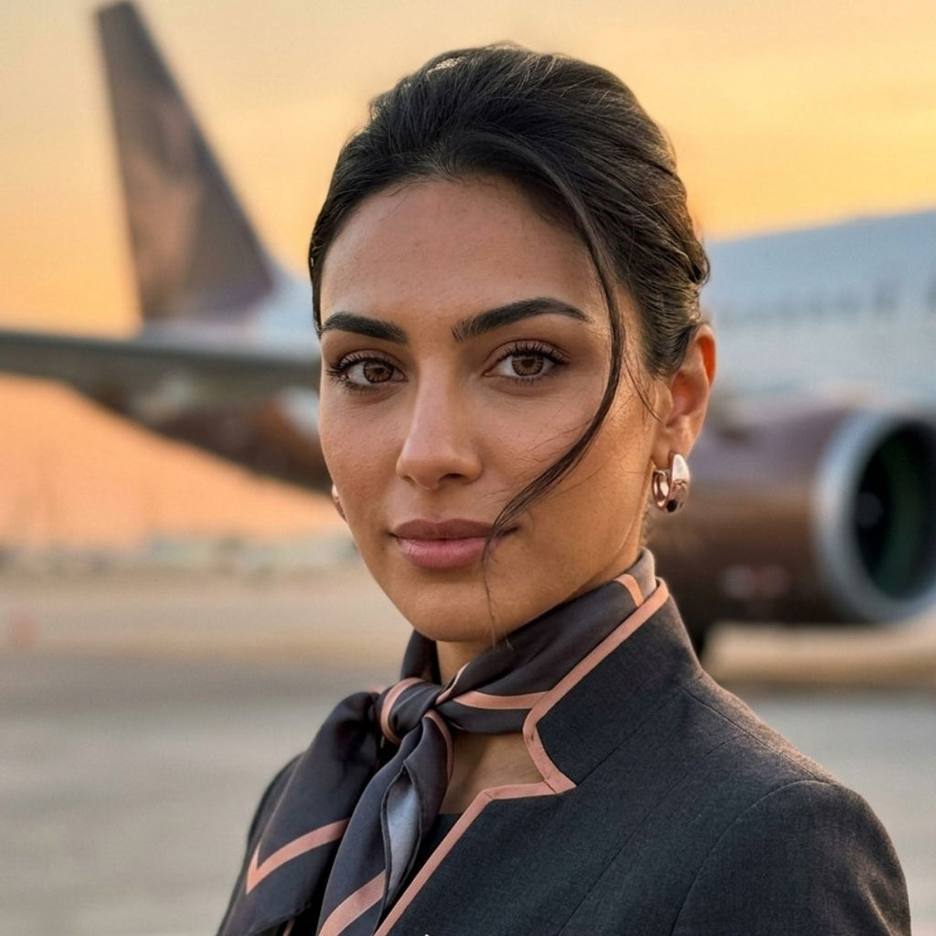 Professional portrait of a woman in a dark uniform and neck scarf standing near an airplane during sunset lighting. Her brown eyes and composed expression create an elegant aviation themed portrait.