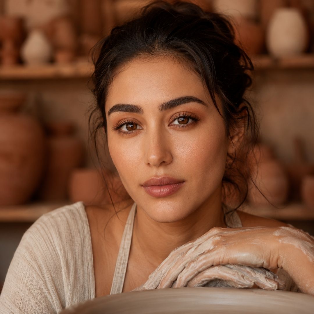 A woman with her hair up and hands covered in clay at a pottery wheel, highlighting subtle, natural-looking brown contact lenses for a clean look.