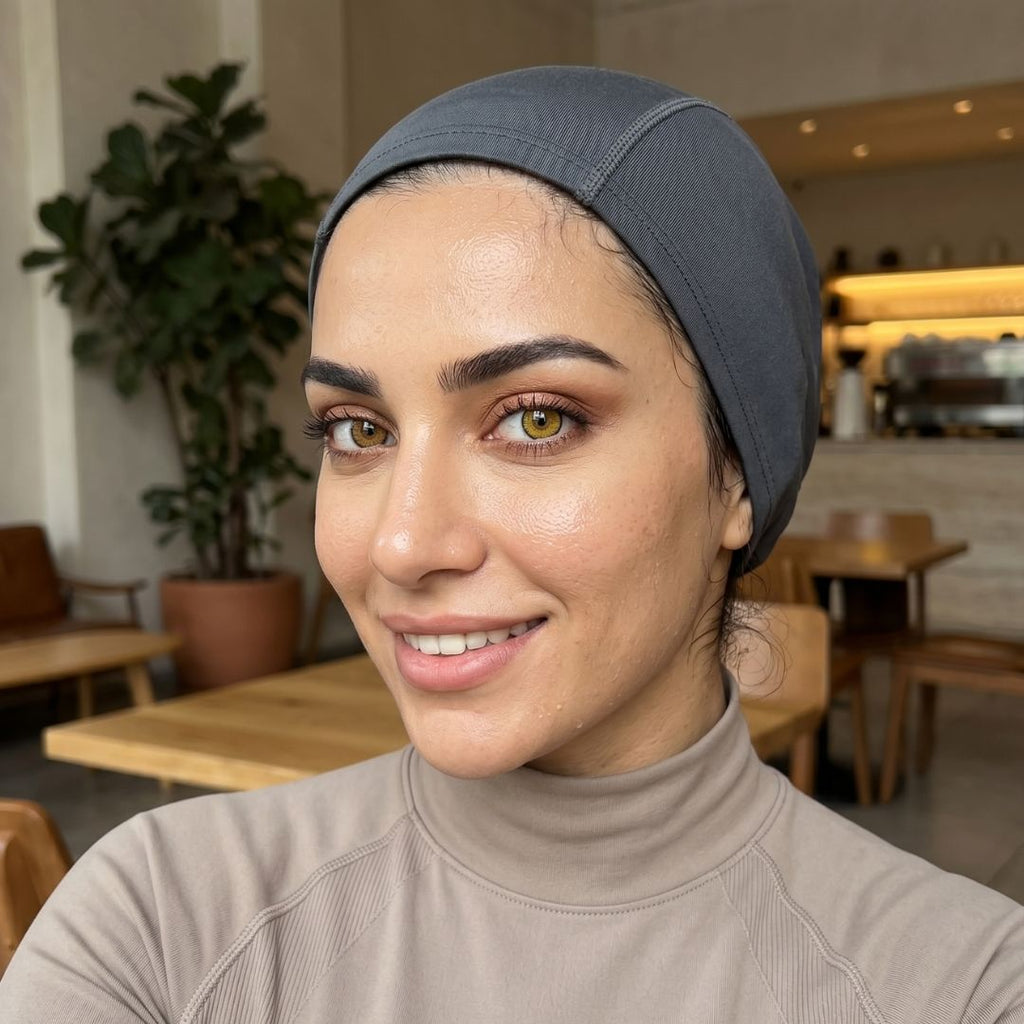 A woman with dolly brown eyes wearing a grey headscarf.