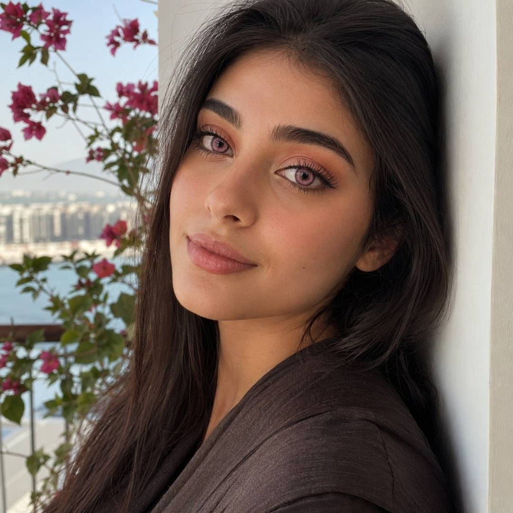 A woman with long dark hair, wearing a brown shirt and striking pink contact lenses, gazes thoughtfully at the camera.