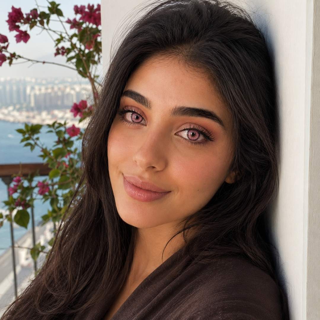 A woman with long dark hair, wearing a brown shirt and striking pink contact lenses, gazes thoughtfully at the camera.