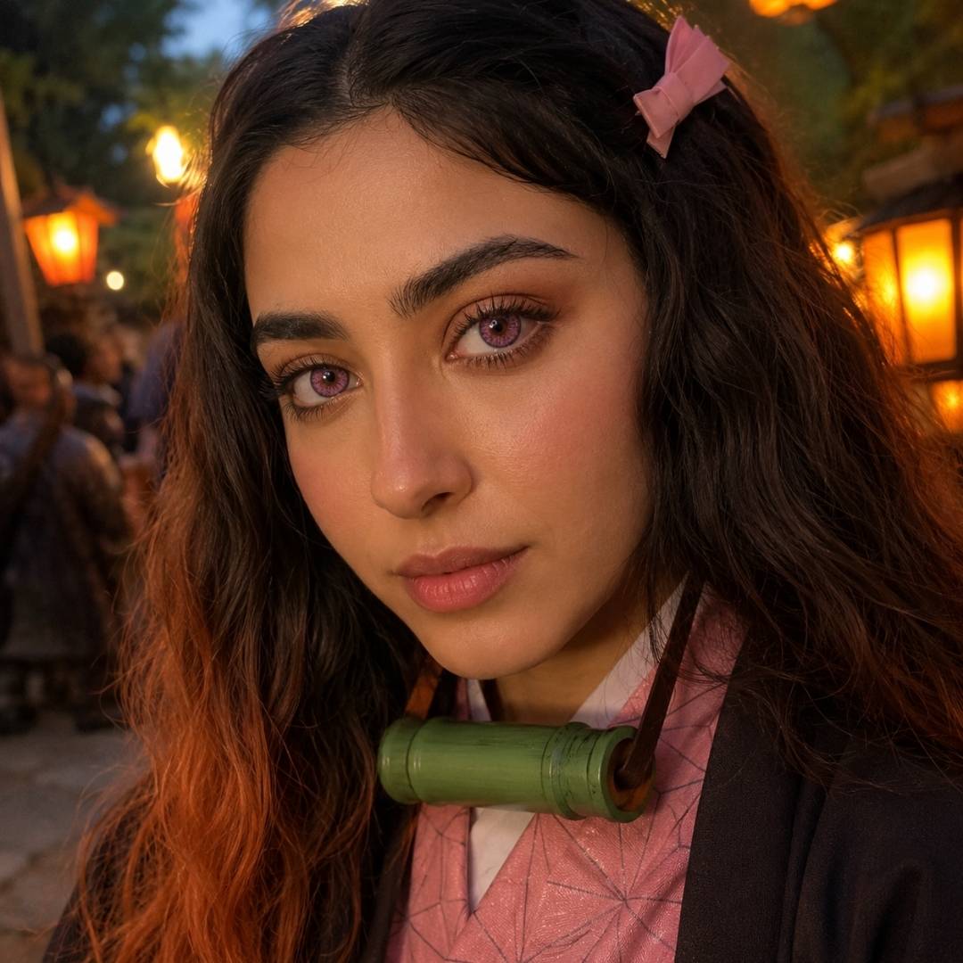 Nezuko Kamado cosplay from Demon Slayer with dark hair, orange tips, and her iconic bamboo muzzle, in an atmospheric setting.