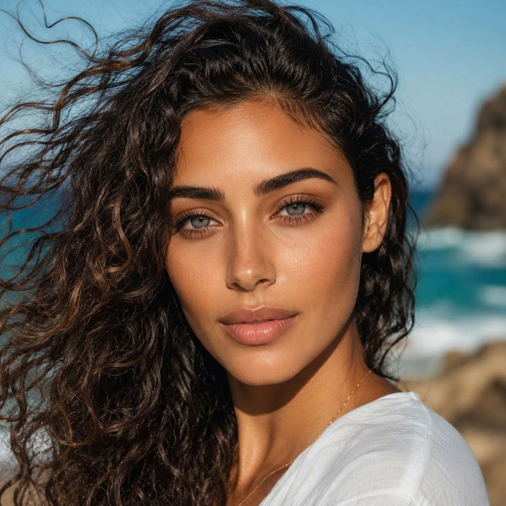 Woman with wavy hair standing on a beach with ocean and sky in the background