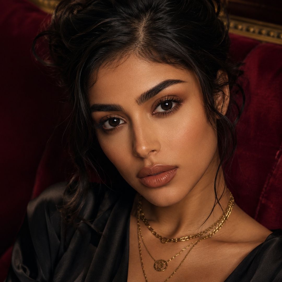 Woman with softly styled hair and layered gold necklaces sits against a deep red velvet backdrop wearing a dark satin outfit. Elegance black contact lenses create a refined gaze that complements the warm moody styling.