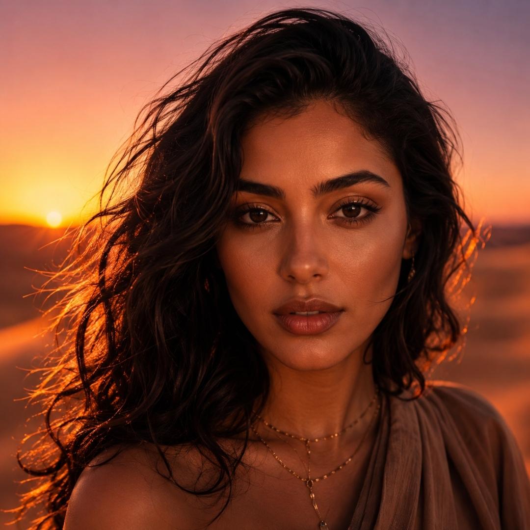 Portrait of a woman with windswept dark hair standing outdoors at sunset with golden light across her face. Elegance black contact lenses add depth to her eyes and enhance the soft desert inspired setting.