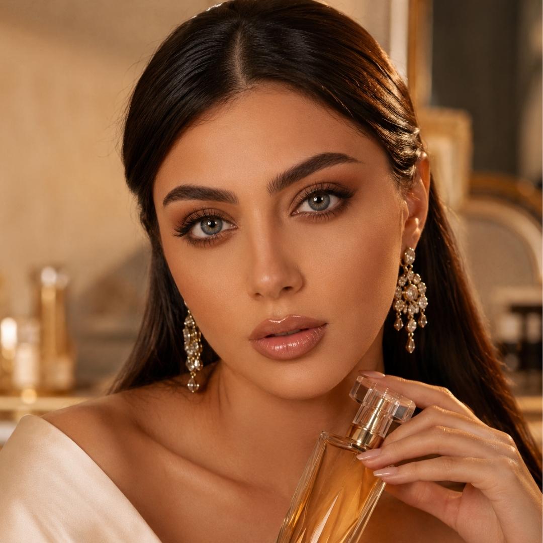 Close up portrait of a woman with long dark hair and soft gray color contacts holding a perfume bottle near her face. She wears sparkling chandelier earrings and an off shoulder cream top in warm indoor lighting that highlights her makeup and eyes.