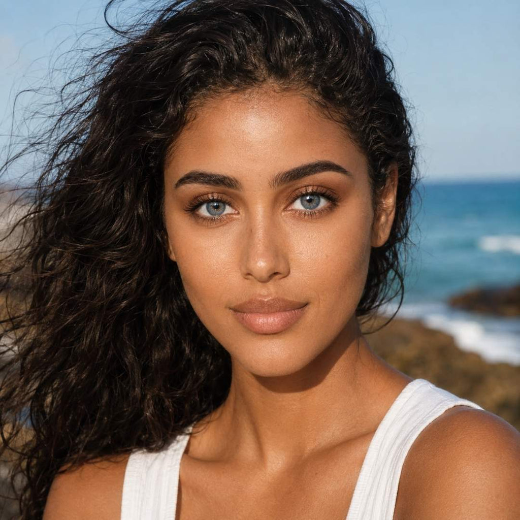 Woman with wet hair standing on a beach with ocean in the background