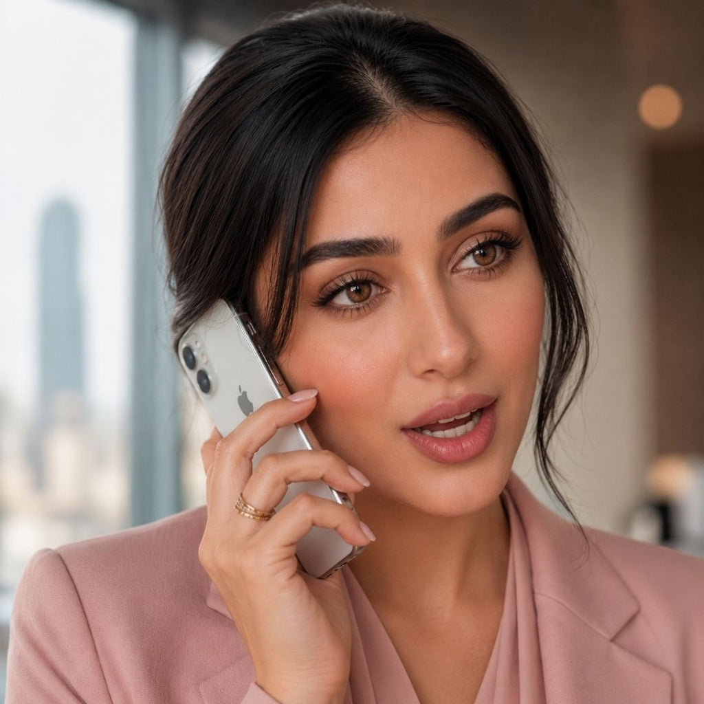 Woman in a pink blazer talking on a phone with a blurred cityscape background