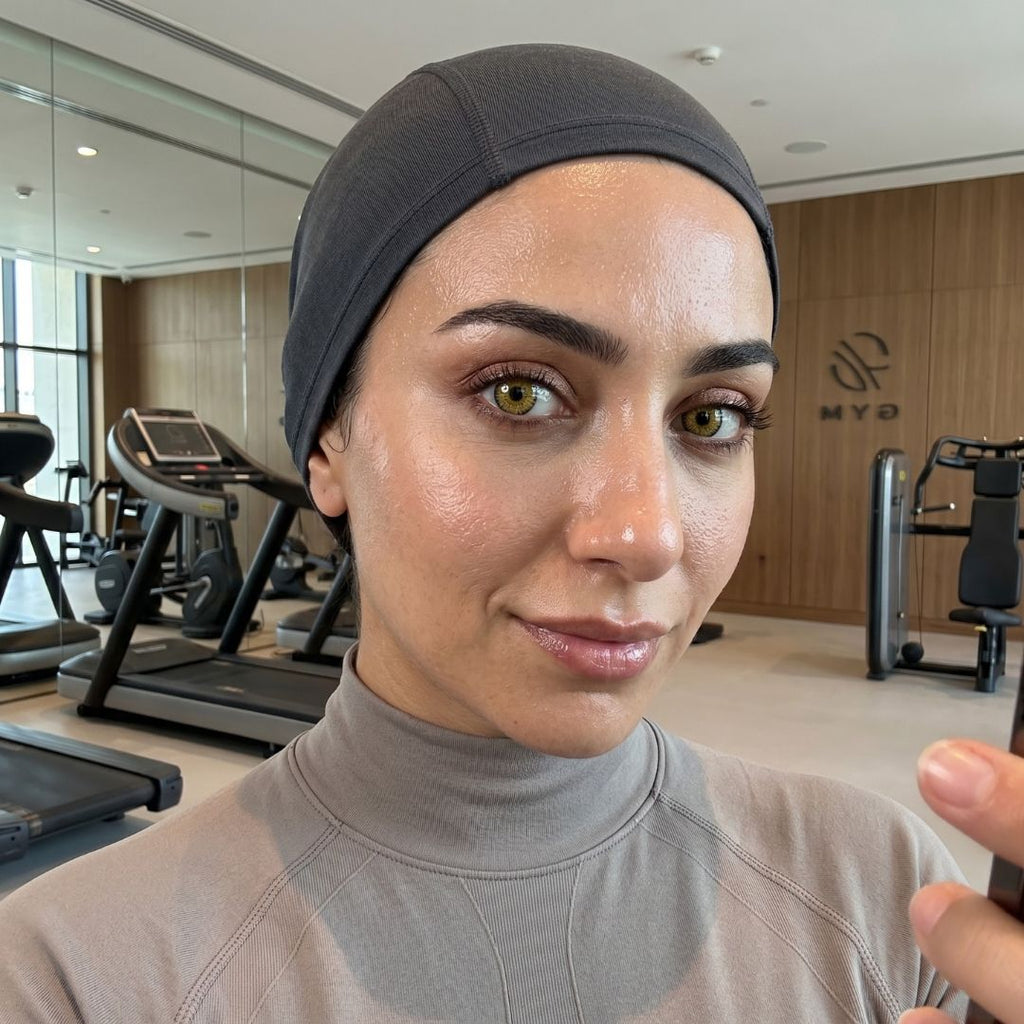 A woman with dolly brown eyes and a headscarf smiles as she takes a selfie.