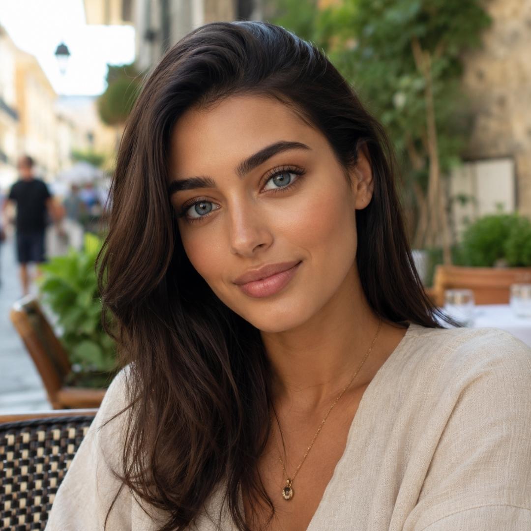 Woman with long dark hair and mesmerizing gray contact lenses sits at an outdoor café wearing a light neutral top and delicate necklace. Soft daylight and blurred greenery create a relaxed and elegant setting.