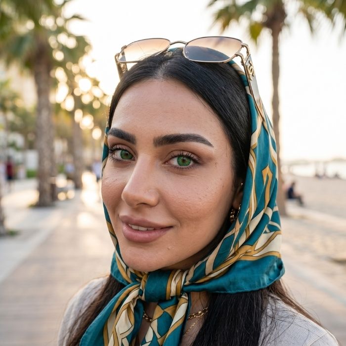 Woman wearing a patterned headscarf with sunglasses on her head, standing outdoors.