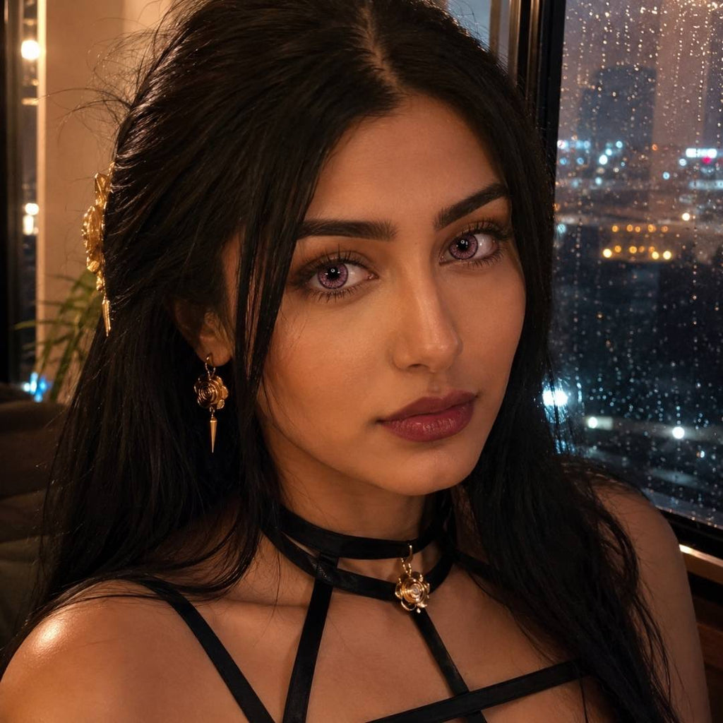 Woman with long dark hair and dramatic makeup, wearing a black choker and ornate earrings, with a bokeh city background at night.
