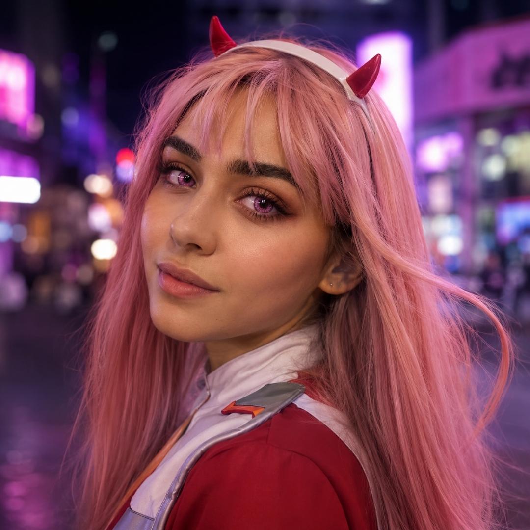 Zero Two cosplay from Darling in the Franxx with pink hair, red horns, and her pilot uniform, in a purple-lit urban environment.
