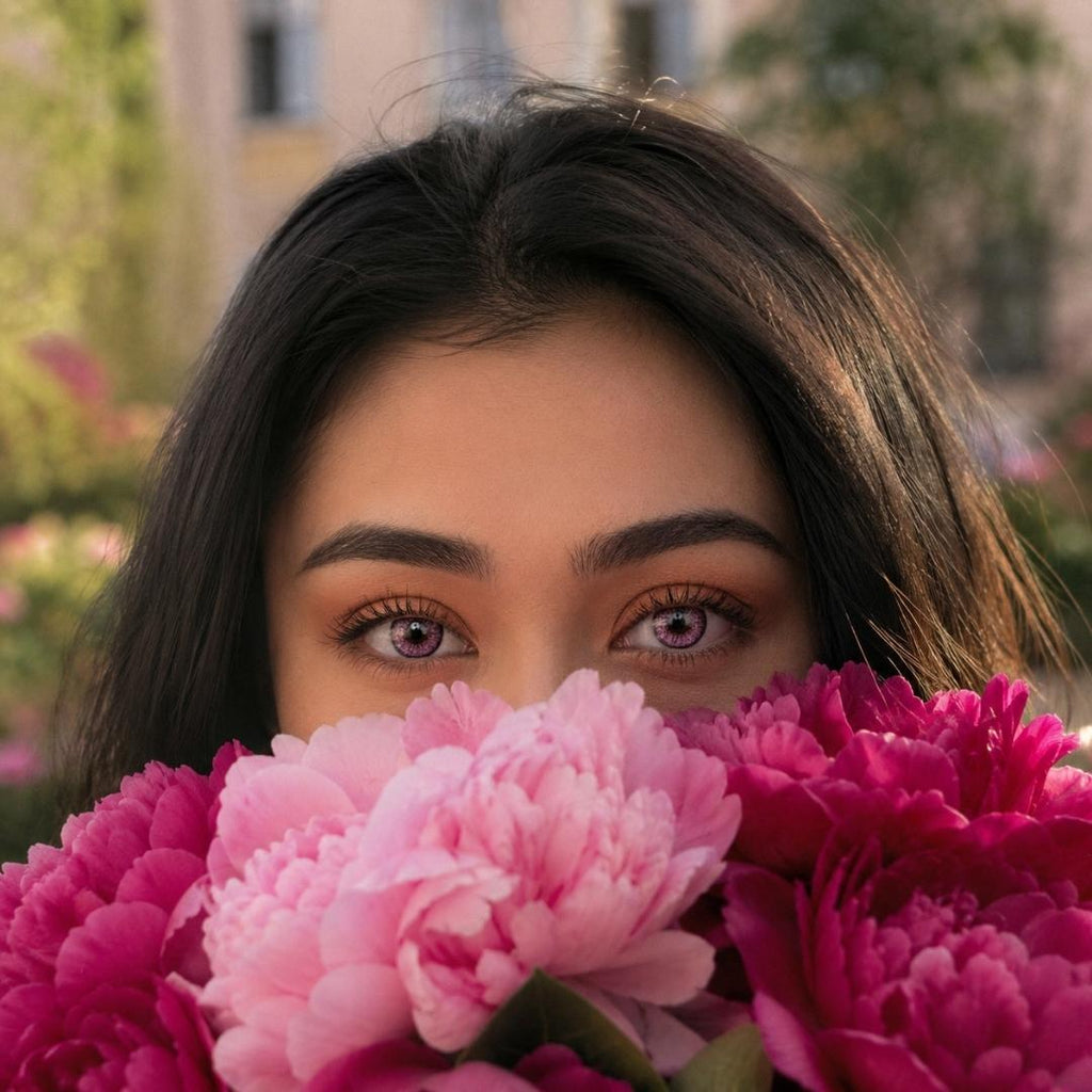 Close-up portrait of a woman with dark hair and vivid purple eyes, peeking over a bouquet of large pink peonies.