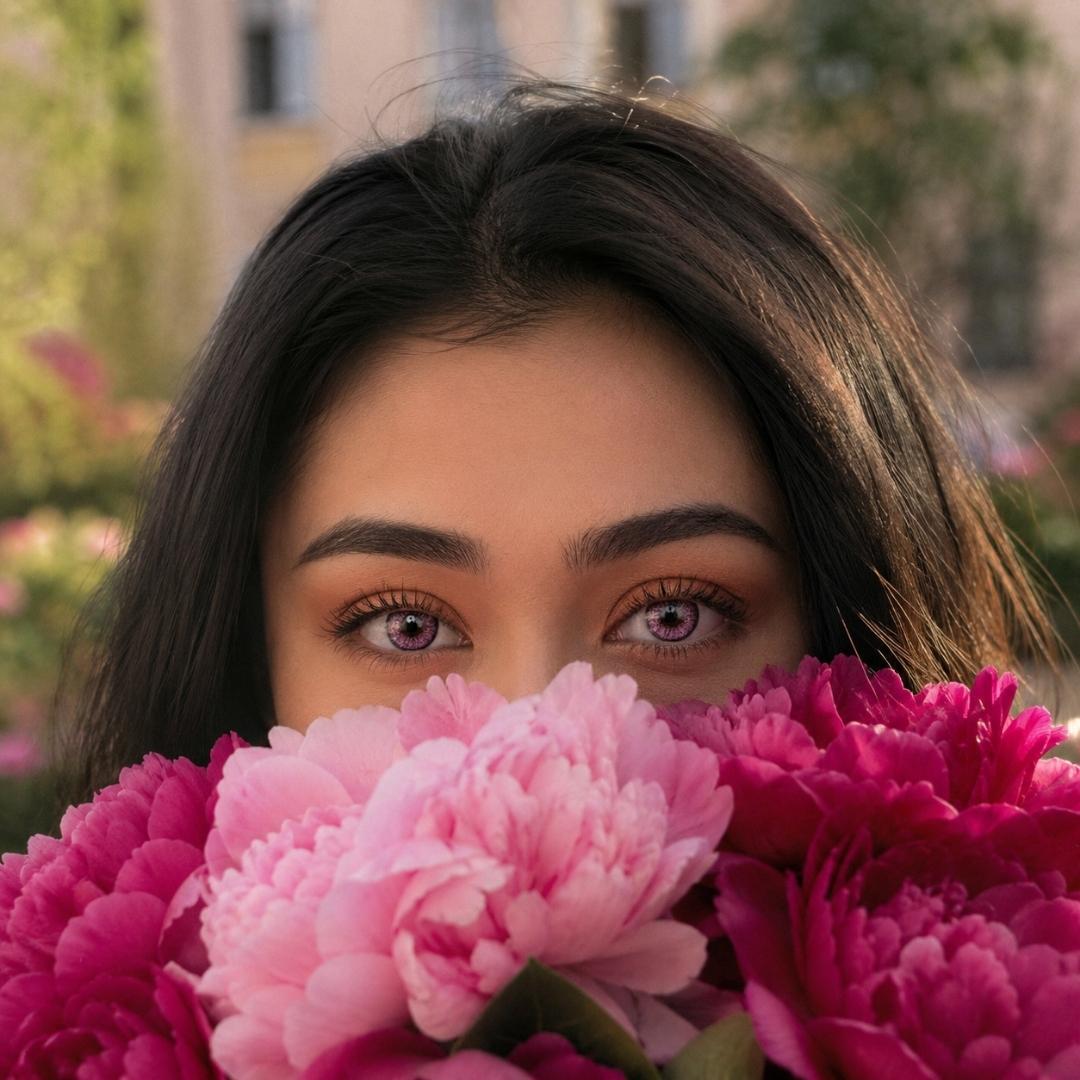 Close-up portrait of a woman with dark hair and vivid purple eyes, peeking over a bouquet of large pink peonies.