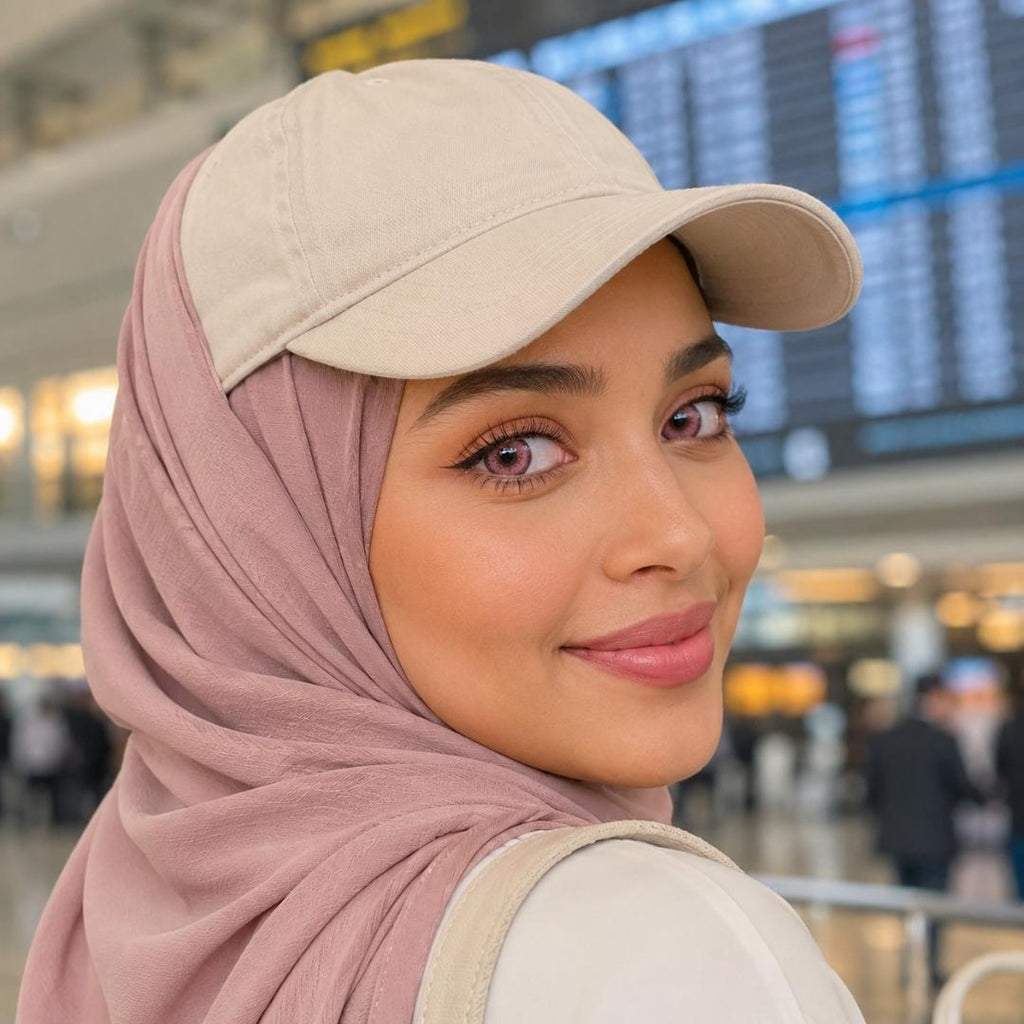 A woman in a airport with a hijab and a baseball cap, wearing striking pink contact lenses, smiles confidently at the camera.